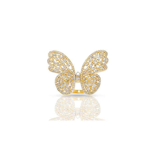 14K Yellow Gold Round and Baguette Diamond Butterfly Ring