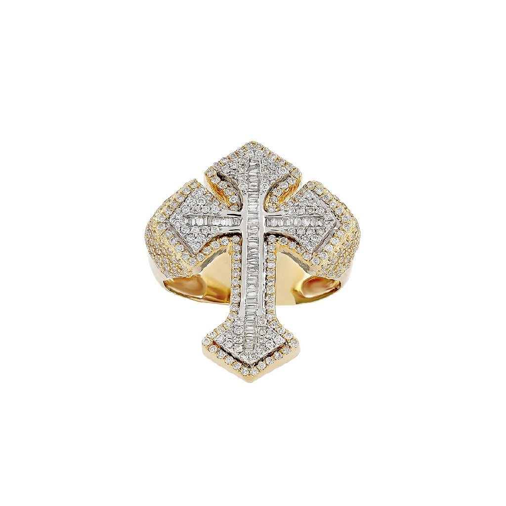 10k Yellow Gold Round and Baguette Diamond Cross Ring