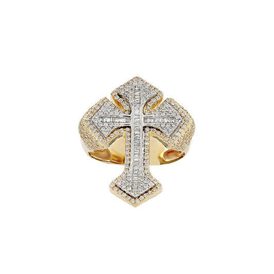 10k Yellow Gold Round and Baguette Diamond Cross Ring