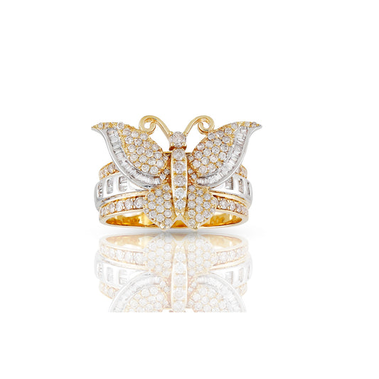 14K Yellow Gold Butterfly Ring With Round and Baguette Diamond