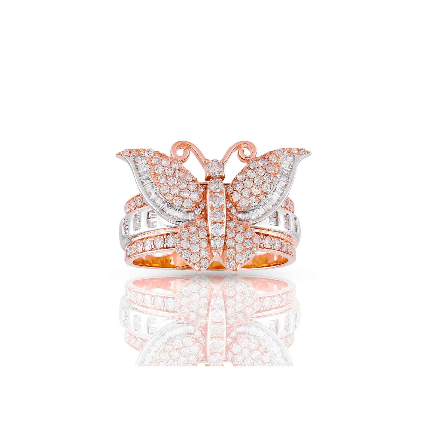 14K Yellow Gold Butterfly Ring With Round and Baguette Diamond