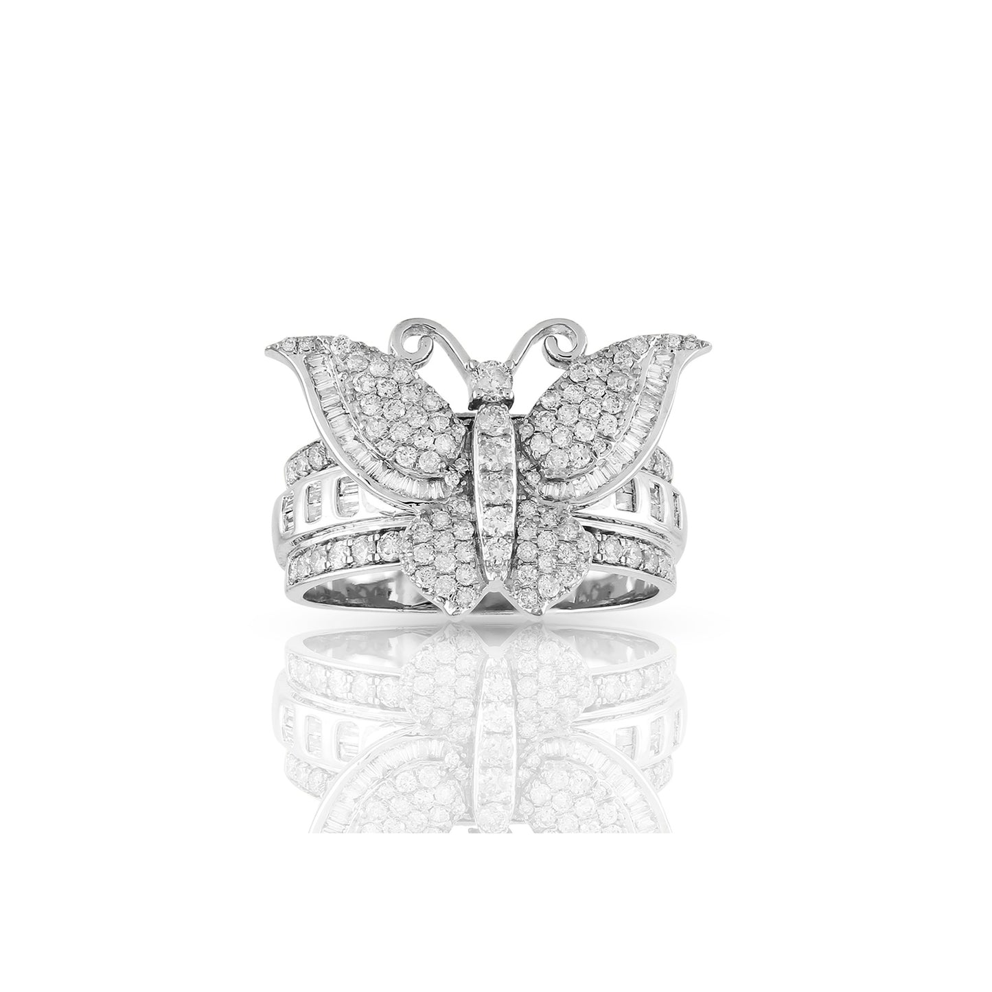 14K Yellow Gold Butterfly Ring With Round and Baguette Diamond