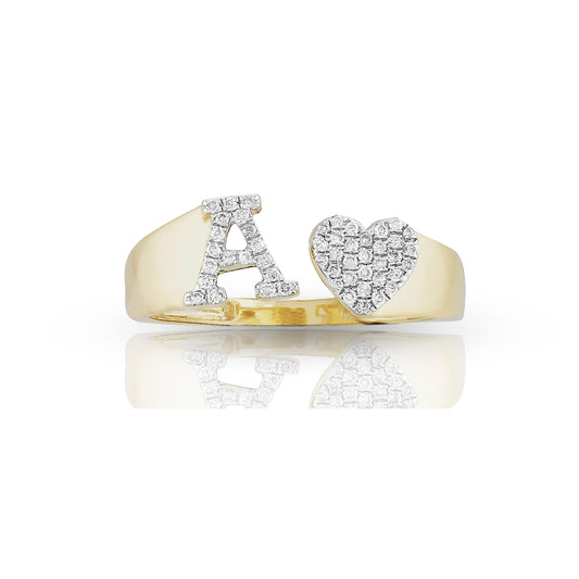 14KT Yellow Gold White Diamond Heart Initial Ring By Truth Jewel