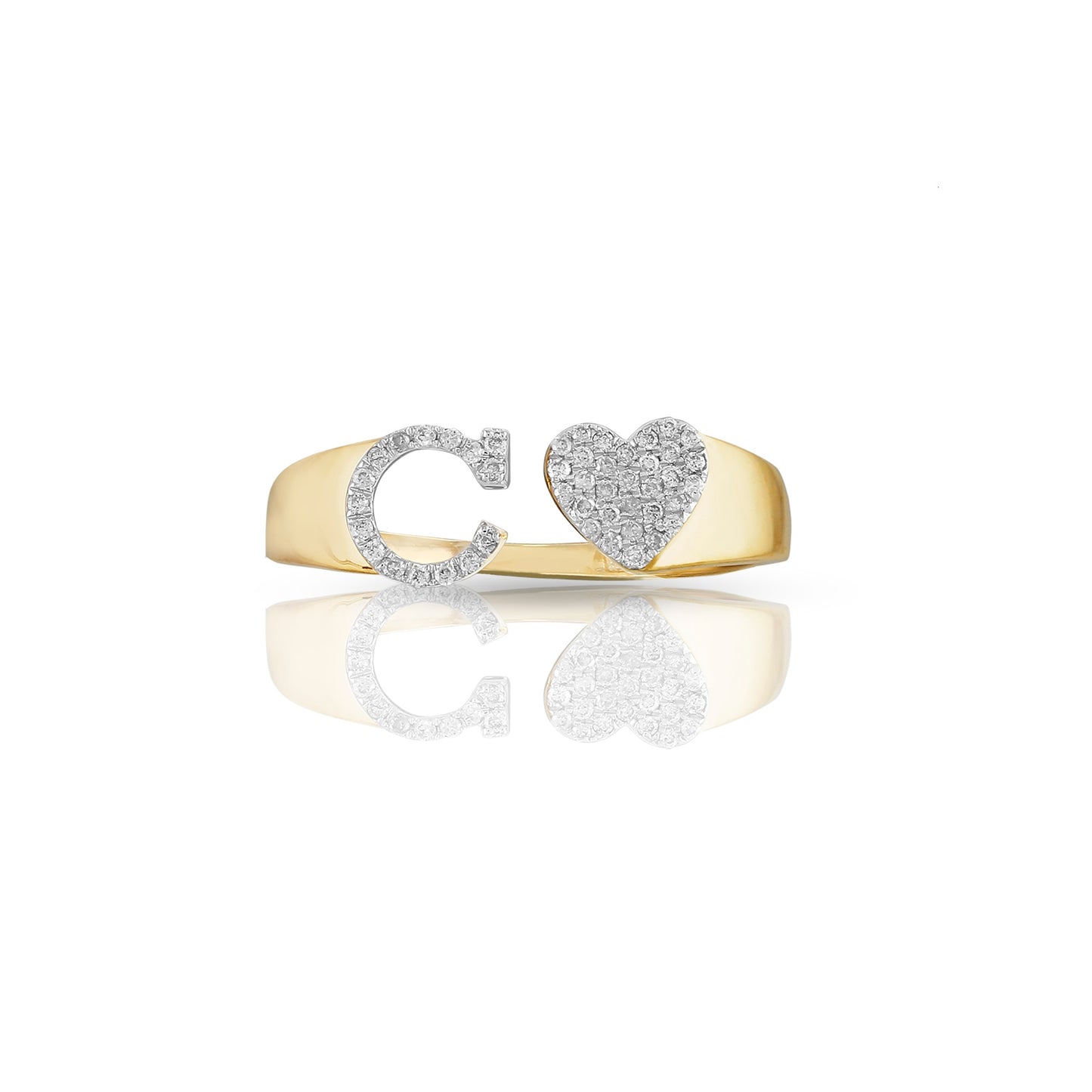 14KT Yellow Gold White Diamond Heart Initial Ring By Truth Jewel