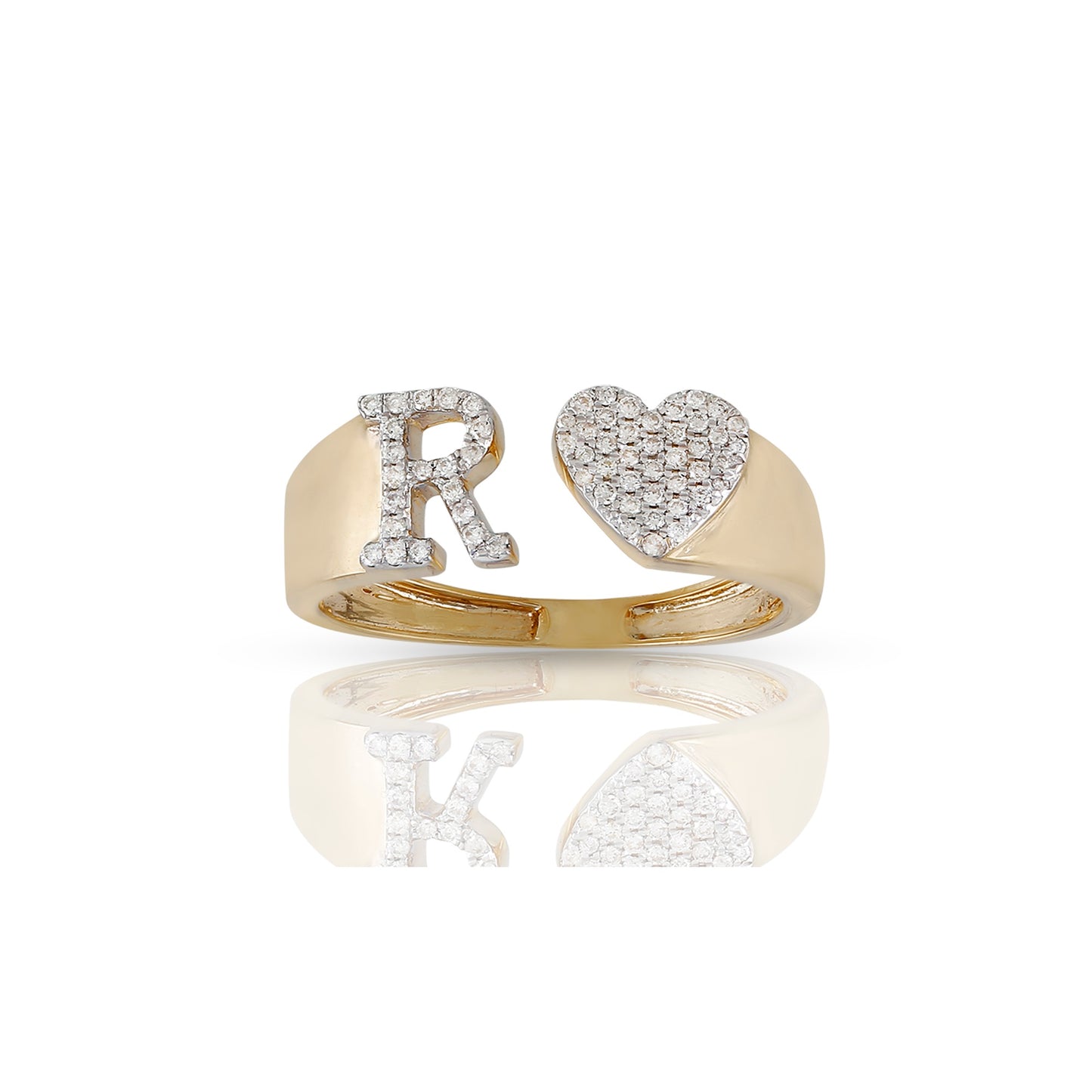 14KT Yellow Gold White Diamond Heart Initial Ring By Truth Jewel