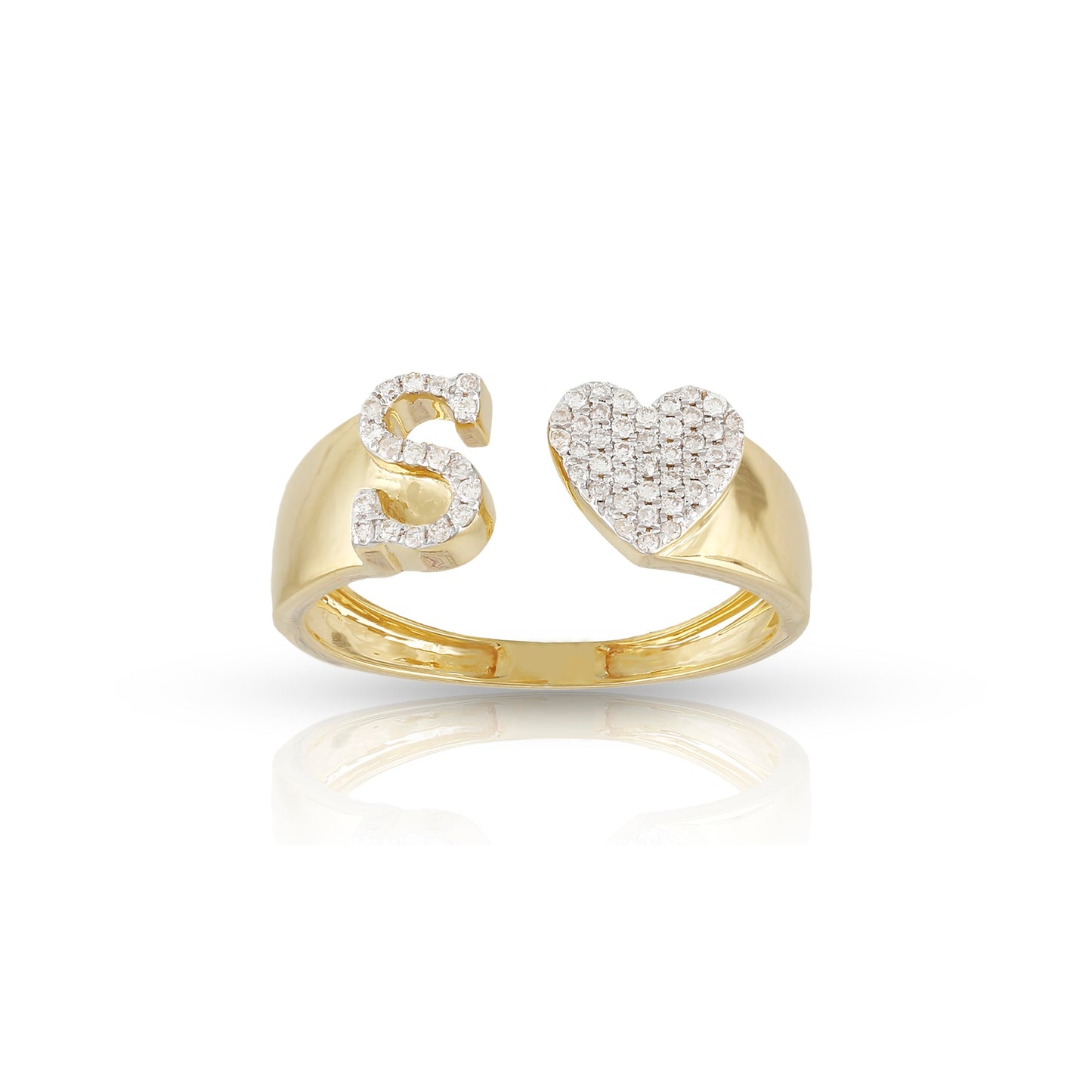 14KT Yellow Gold White Diamond Heart Initial Ring By Truth Jewel
