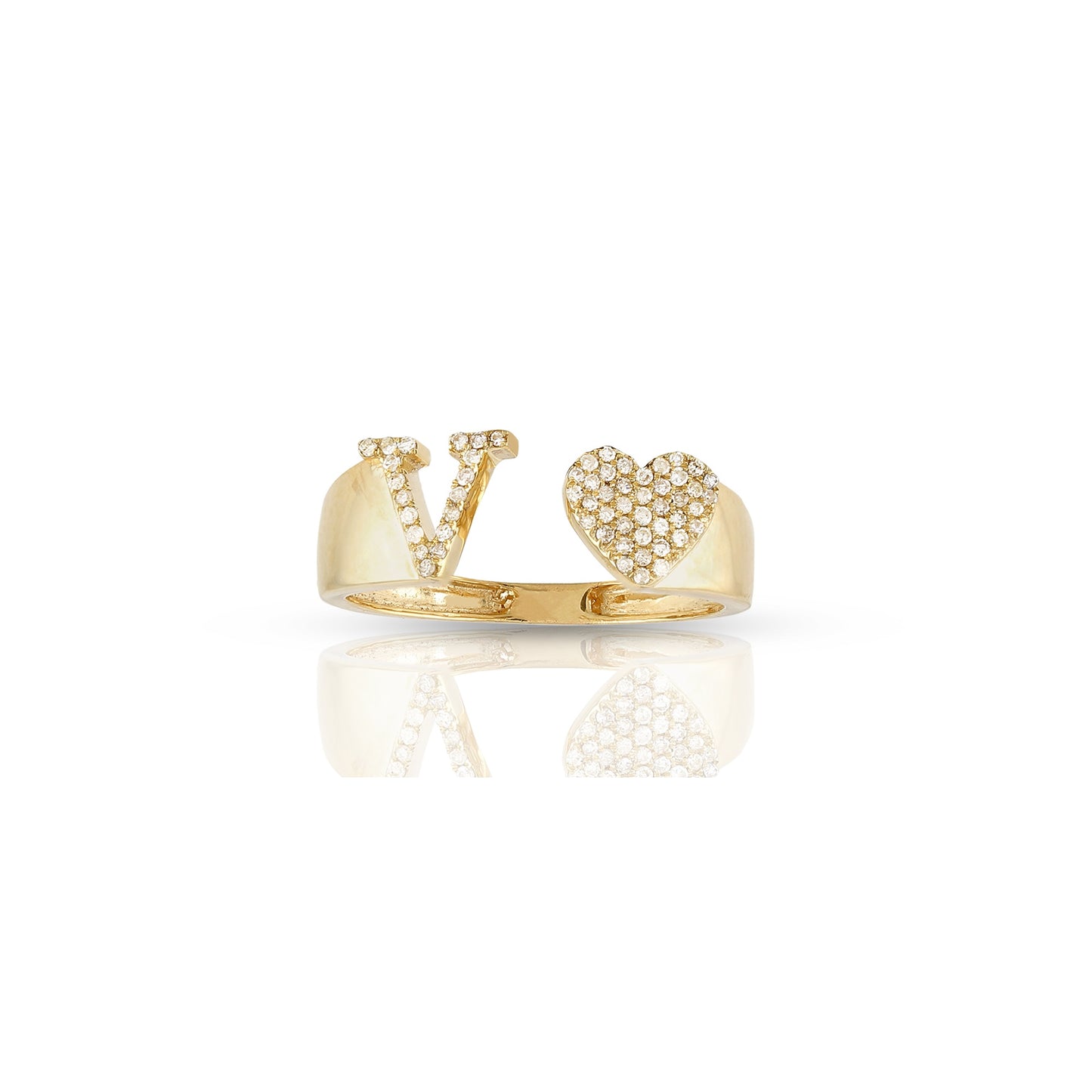 14KT Yellow Gold White Diamond Heart Initial Ring By Truth Jewel