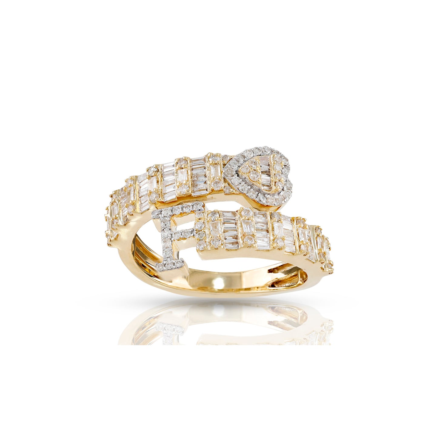 14KT Yellow Gold Baguette Diamond Heart Initial Rings By Truth Jewel