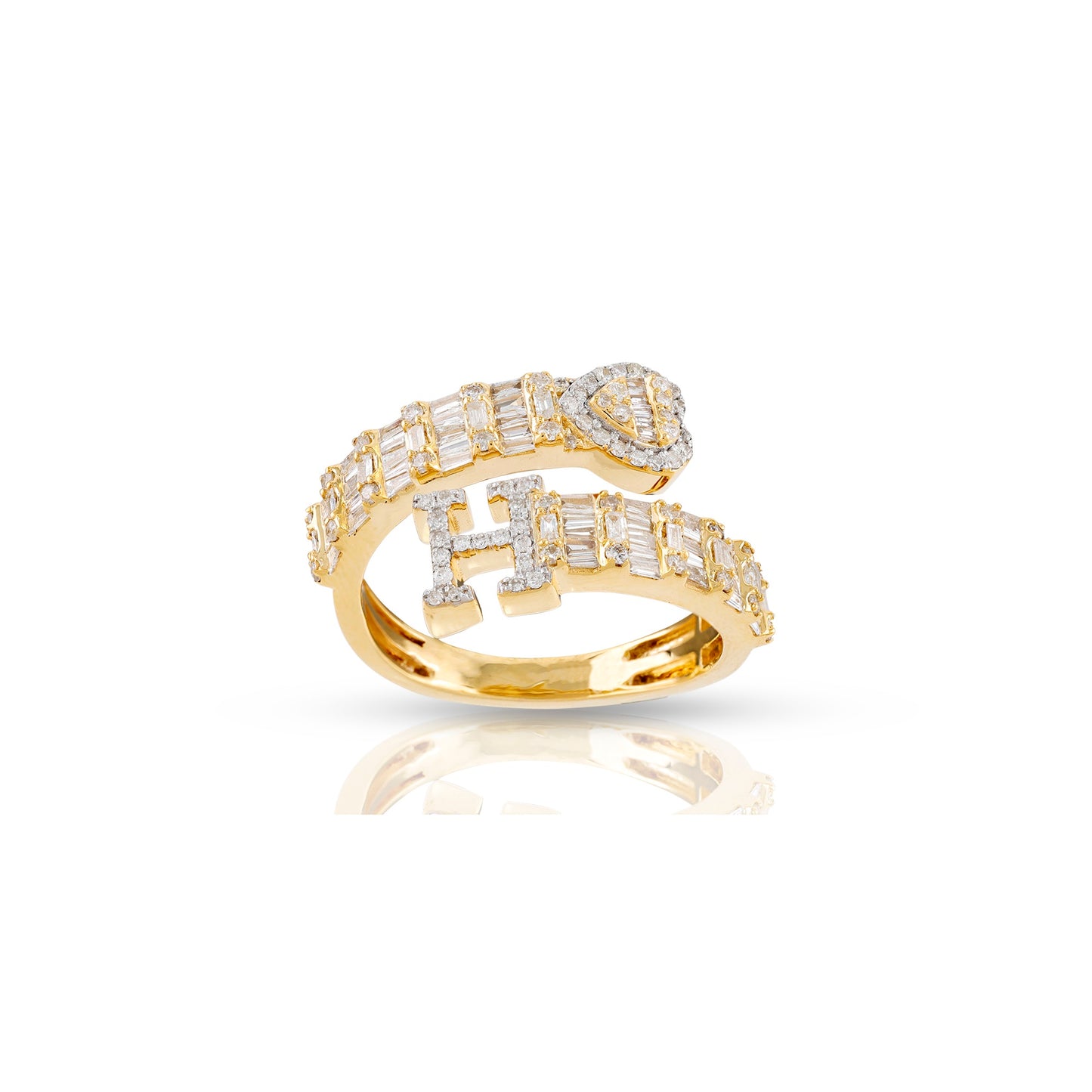 10KT Yellow Gold Baguette Diamond Heart Initial Rings By Truth Jewel