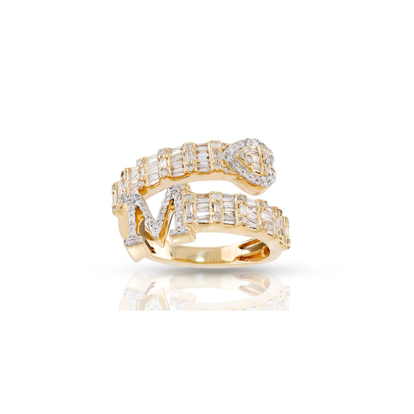 14KT Yellow Gold Baguette Diamond Heart Initial Rings By Truth Jewel