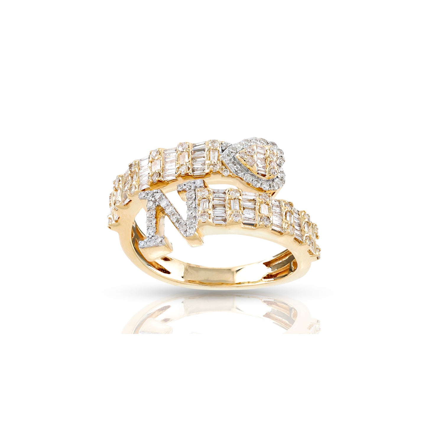 10KT Yellow Gold Baguette Diamond Heart Initial Rings By Truth Jewel