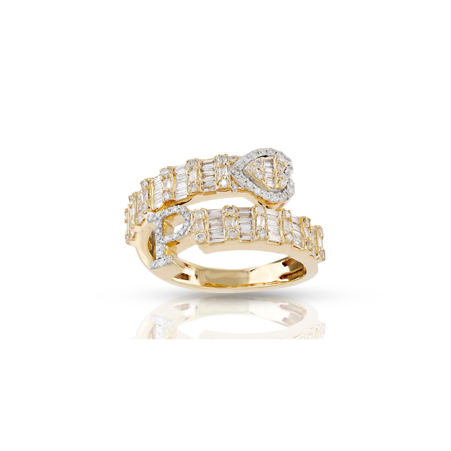 14KT Yellow Gold Baguette Diamond Heart Initial Rings By Truth Jewel