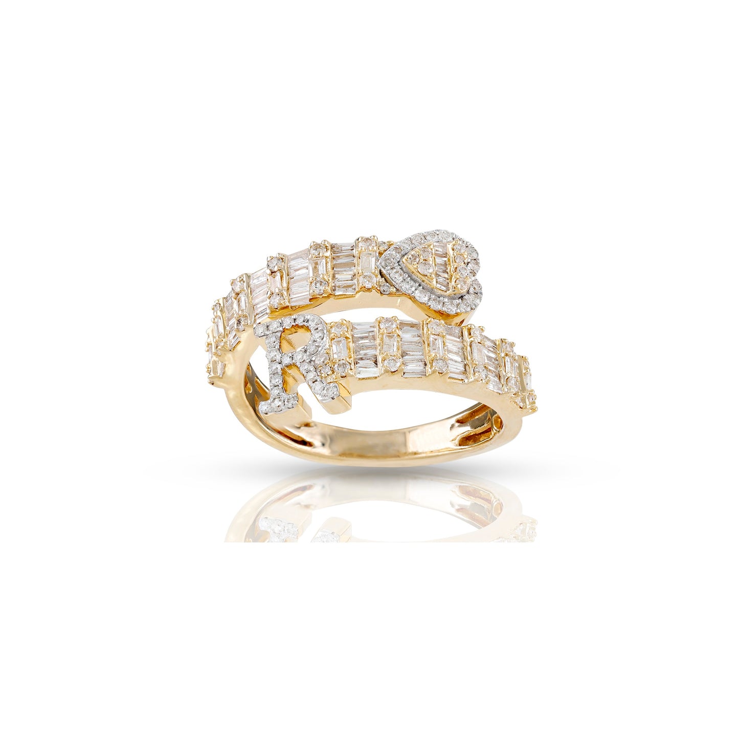 14KT Yellow Gold Baguette Diamond Heart Initial Rings By Truth Jewel