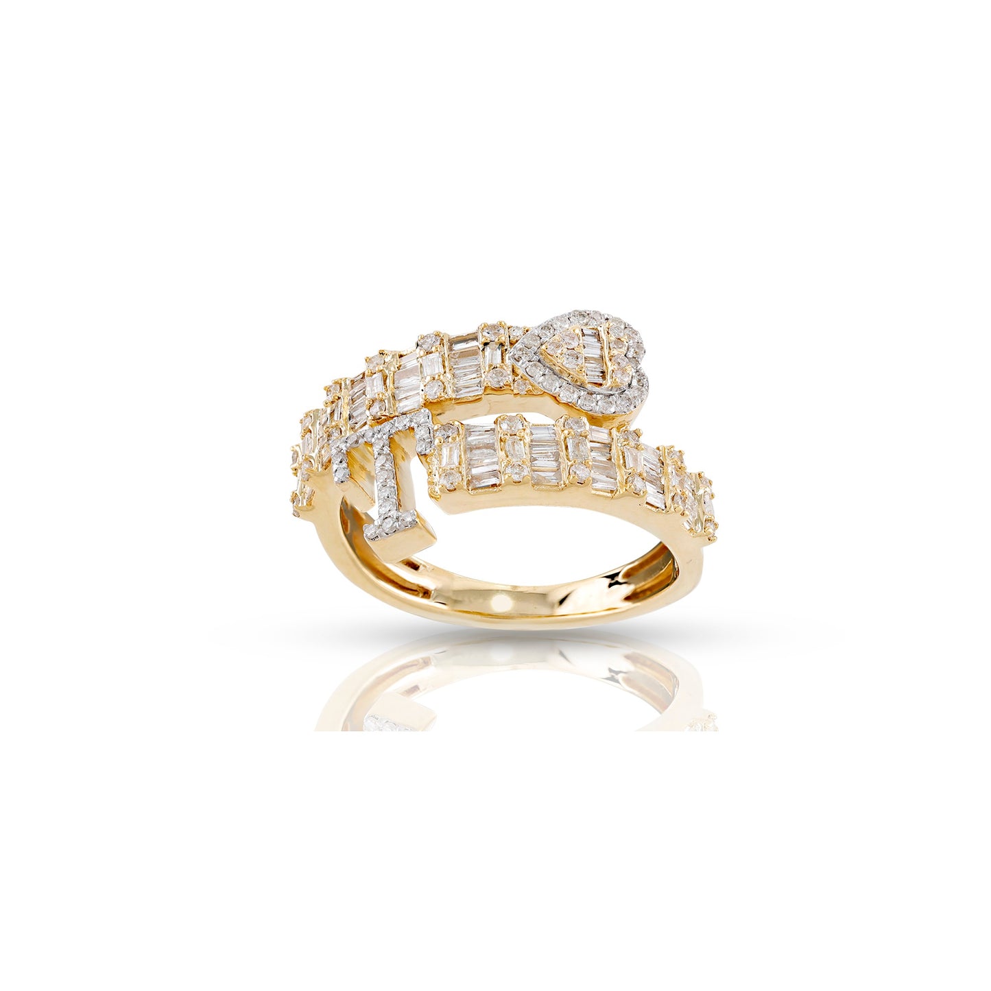 14KT Yellow Gold Baguette Diamond Heart Initial Rings By Truth Jewel
