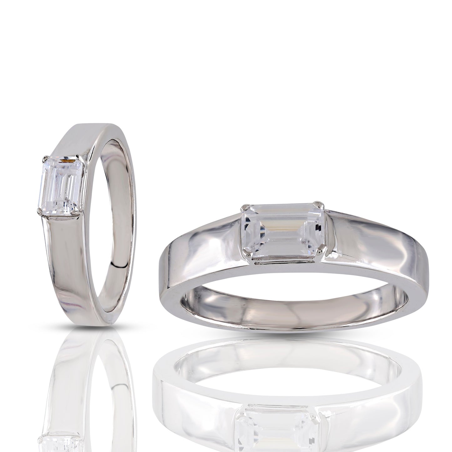 925 Silver East West Emerald Cut Diamond Ring For Engagement