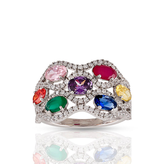 925 Silver Cz Diamond and Multi Color Stone Ring