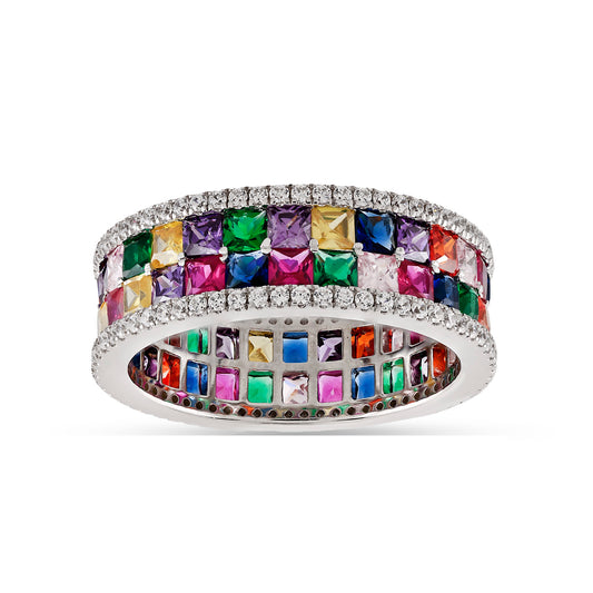 925 Silver Cz Round Diamond and Multi Color Stone Band Ring