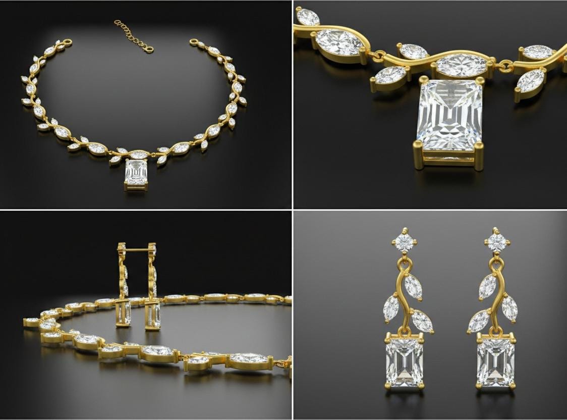 8.10 CTW Emerald, Marquise ,Round Lab Grown Diamond Bridal Necklace & Earrings Set