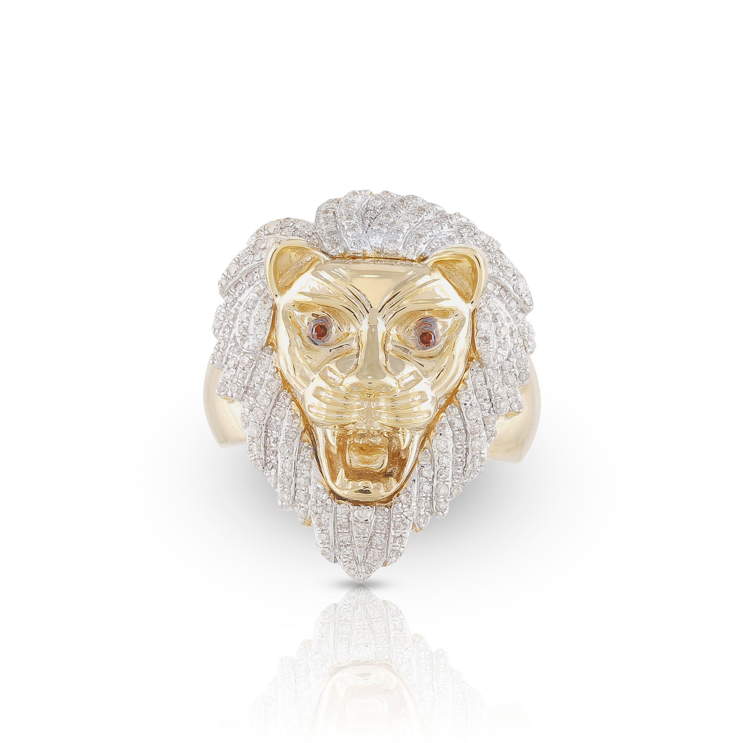 14K Yellow Gold Round Diamond Lion Head Ring