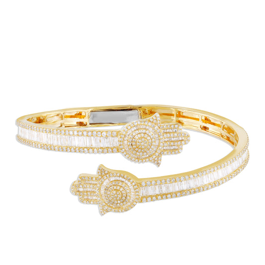 10K Gold Round and Baguette Diamond Hamsa Bracelet