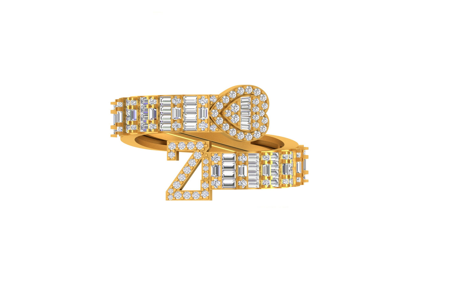 10KT Yellow Gold Baguette Diamond Heart Initial Rings By Truth Jewel
