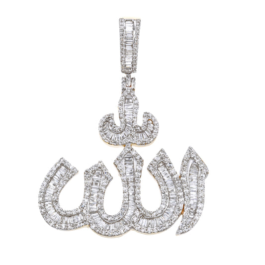 10K White Gold Round and Baguette Diamond Allah Symbol Pendant