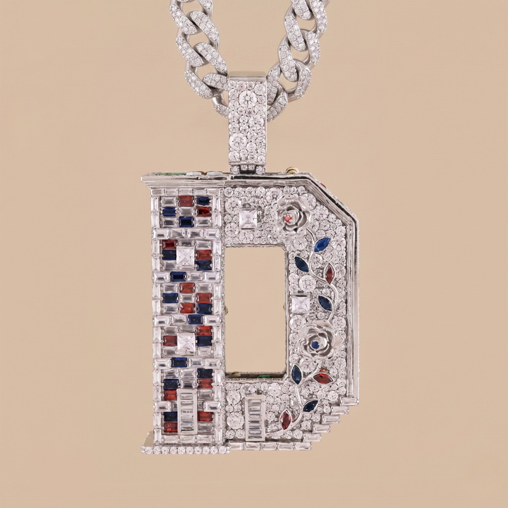10KT Gold 19CT Diamond Initial D Pendant With Floral Rose & Cityscape Design