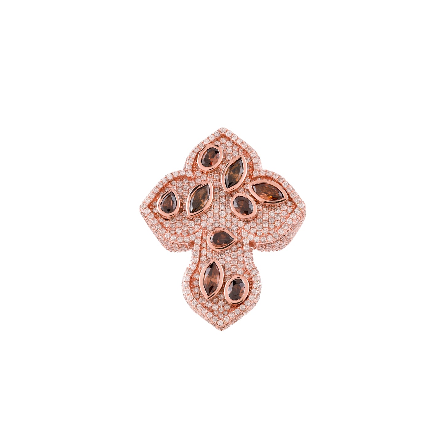 10K Rose Gold Diamond & Brown Marquise,Oval,Pear Cross Ring | Luxury Statement Faith Ring