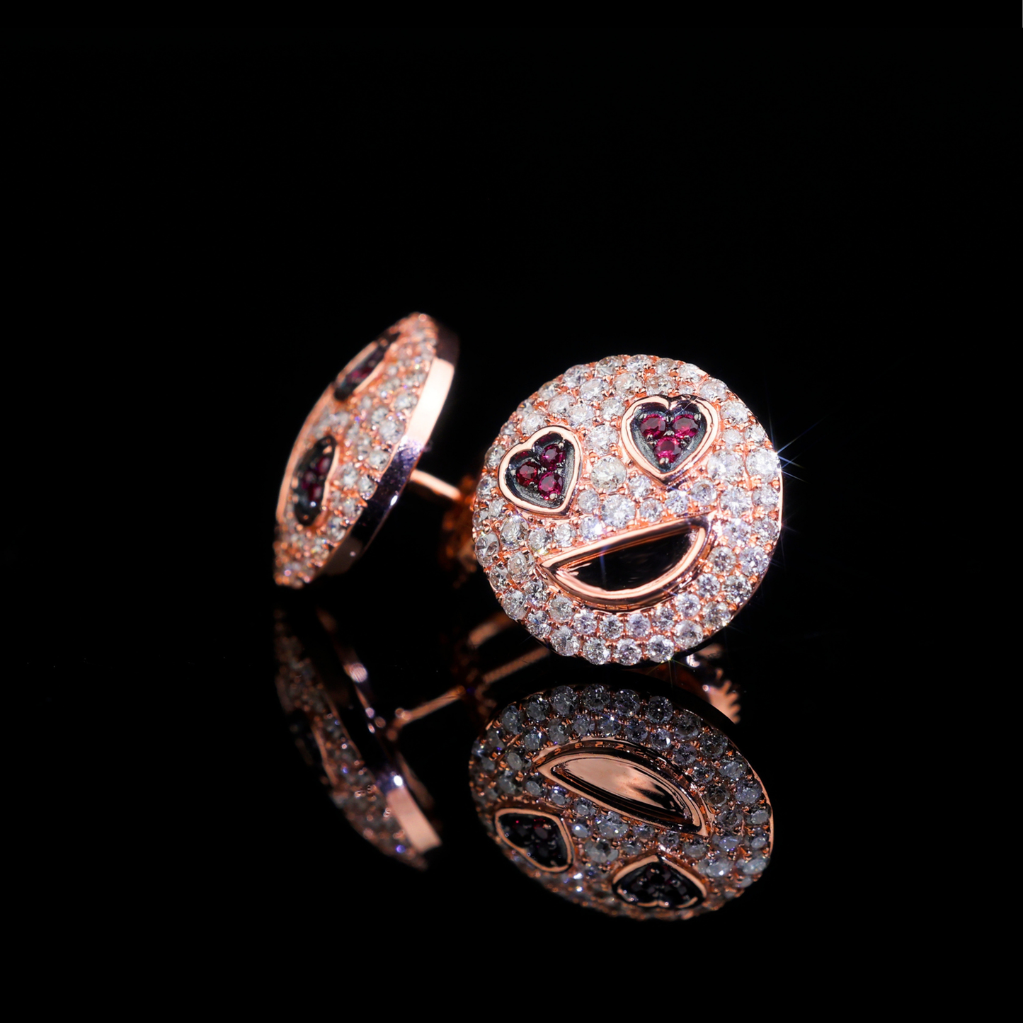 Rose Gold Diamond Heart Eyes Smiley Stud Earrings | Iced-Out Emoji Face Earrings
