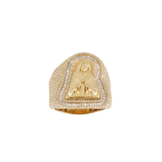 10K Yellow Gold Mother Mary Diamond Ring | Iced Out Religious Statement Ring