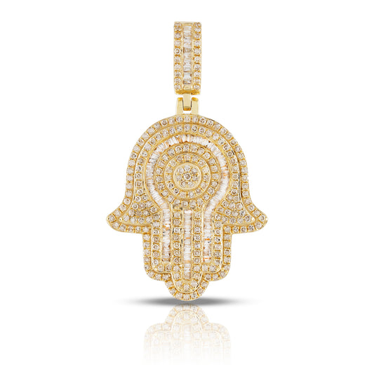 Yellow Gold Round and Baguette Diamond Hamsa Pendant by Truth Jewel