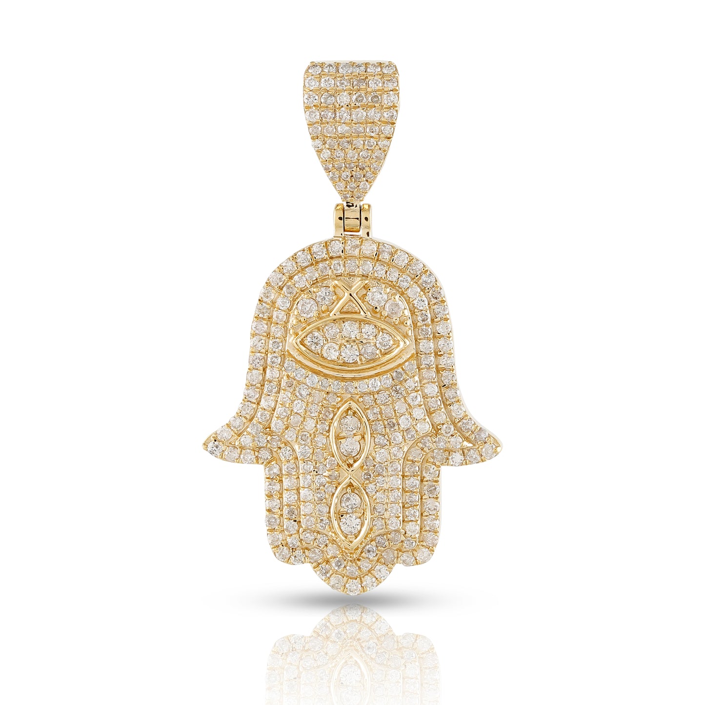 Yellow Gold Blue Evil Eye Hamsa Pendant with Iced-out Diamond