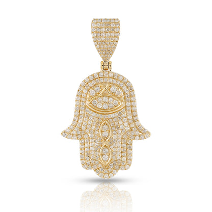 Yellow Gold Blue Evil Eye Hamsa Pendant with Iced-out Diamond