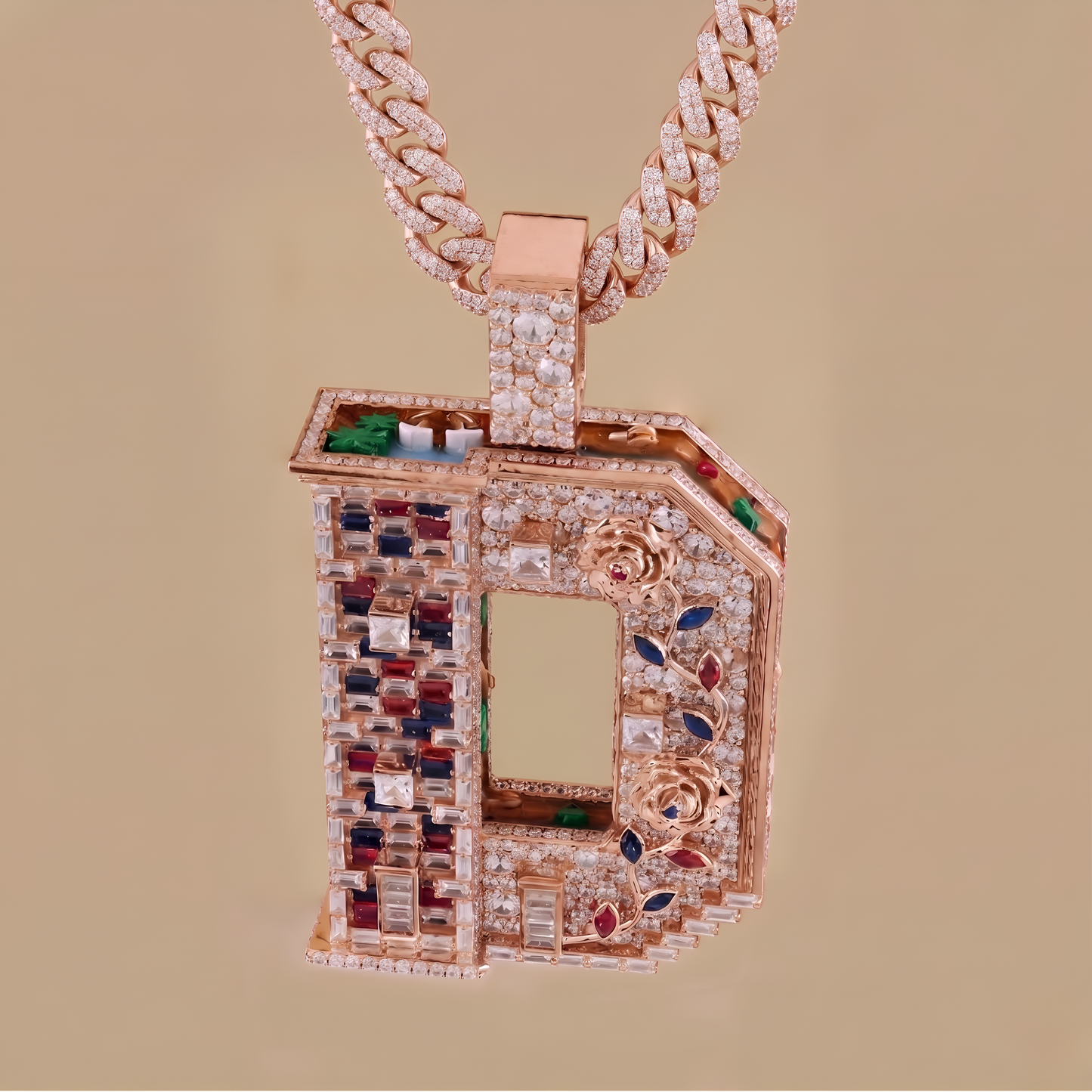 Luxury diamond-encrusted necklace with a rose gold chain on a beige background