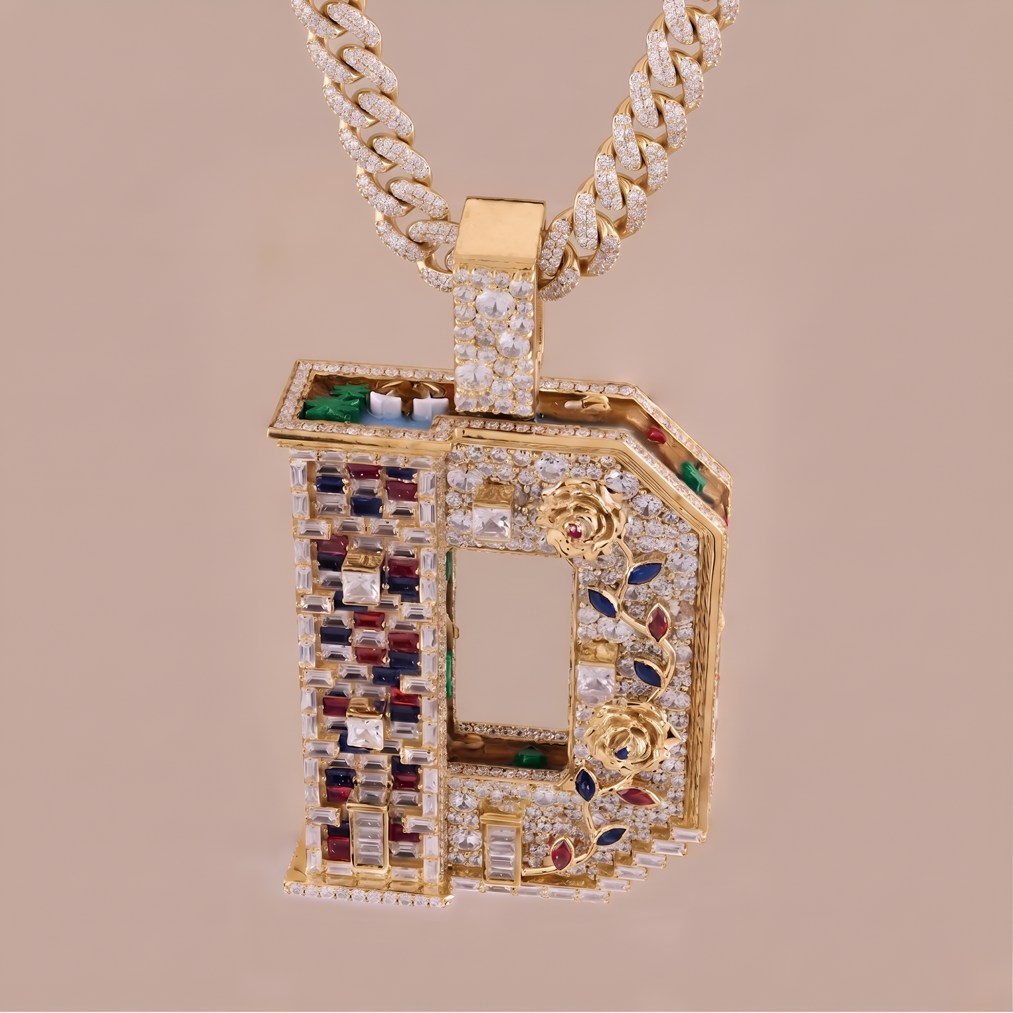 Gold pendant with gemstones on a beige background