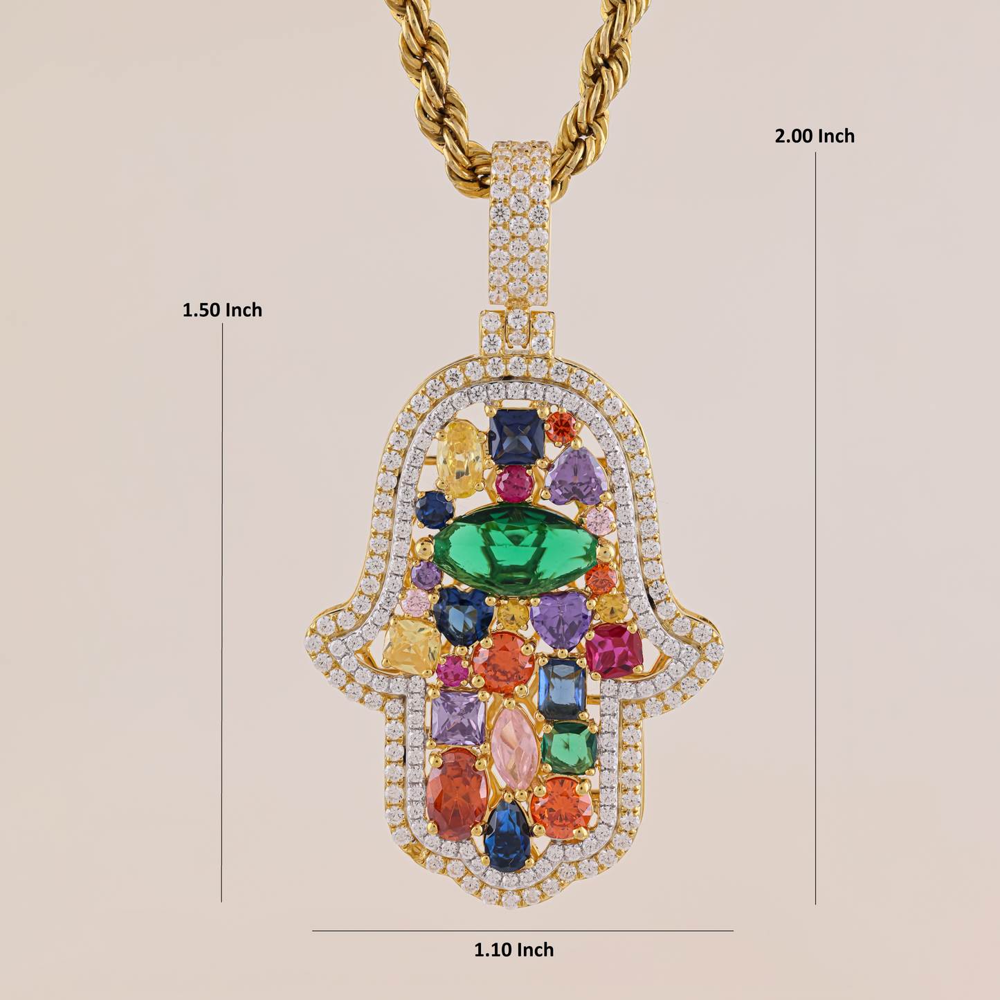 Multicolored gemstone pendant with gold chain, measurements indicated