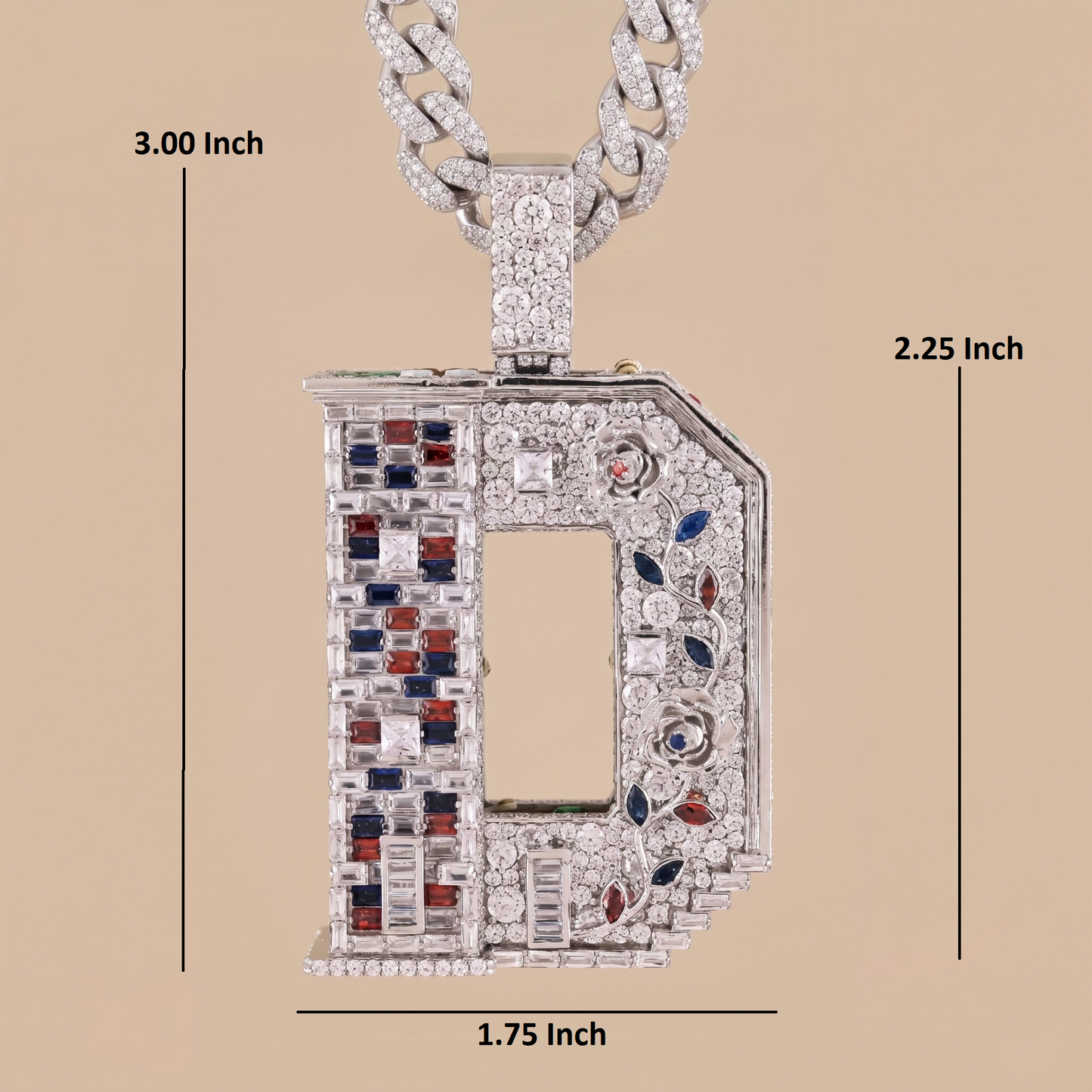 Diamond-encrusted pendant with measurements on a beige background