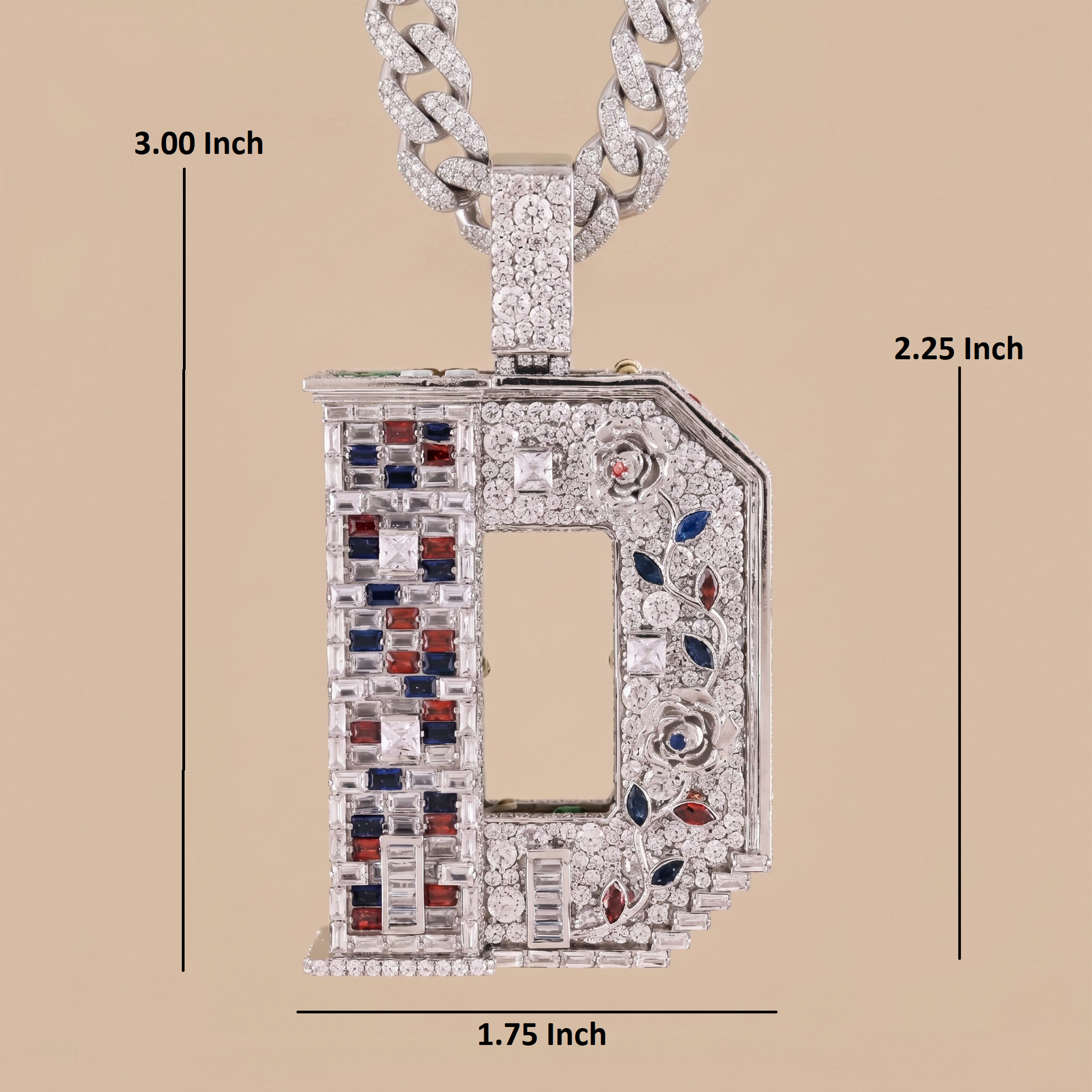 Diamond-encrusted pendant with measurements on a beige background