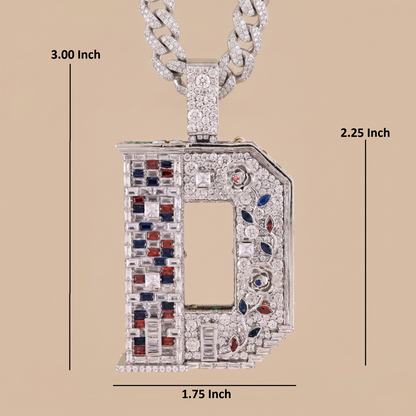 Diamond-encrusted pendant with measurements on a beige background