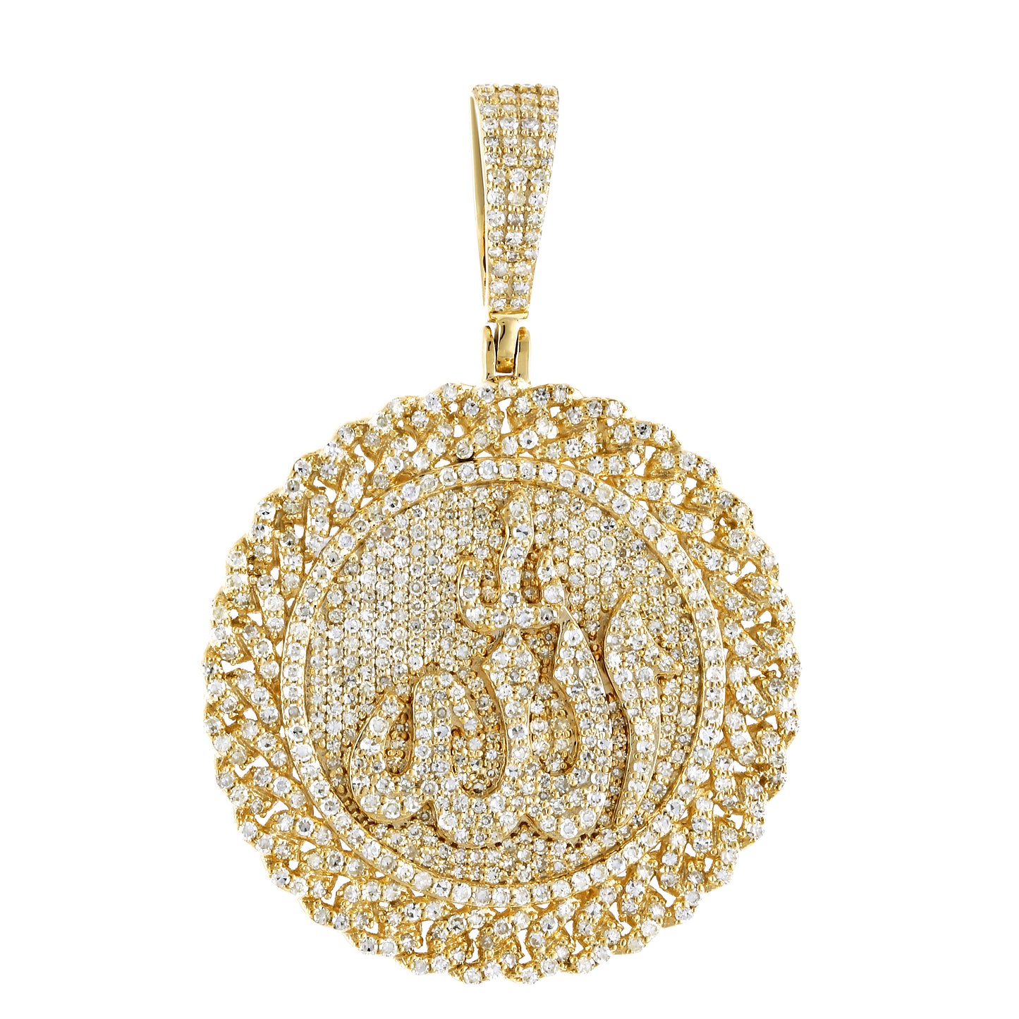 Yellow Gold Diamond Allah Medallion Cuban Border Pendant by Truth Jewel