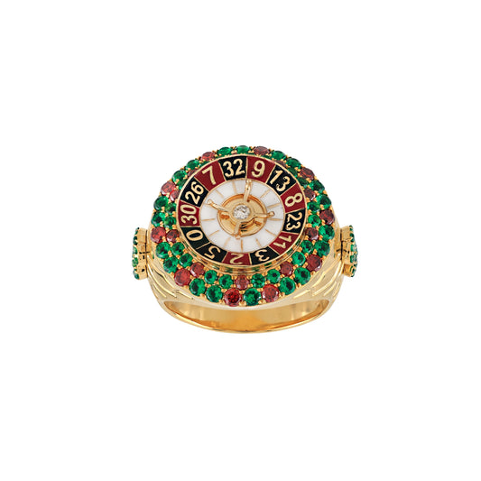 10K Yellow Gold Roulette Wheel  Ring | Red & Green Gemstone Casino Statement Ring