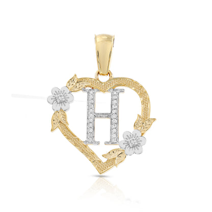 Yellow Gold Heart Initial Letter Pendant-'A TO Z' Flower charm by Truth Jewel
