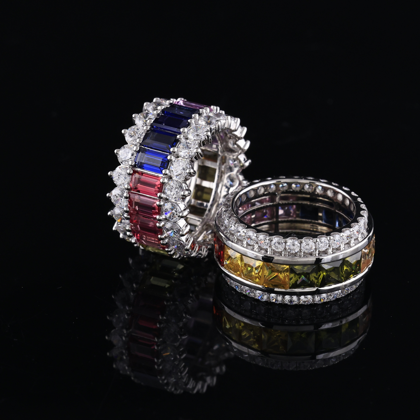 White Gold Multi Color Emerald Cut Diamond Eternity Band Gemstone Ring