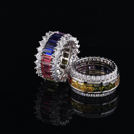 White Gold Multi Color Emerald Cut Diamond Eternity Band Gemstone Ring