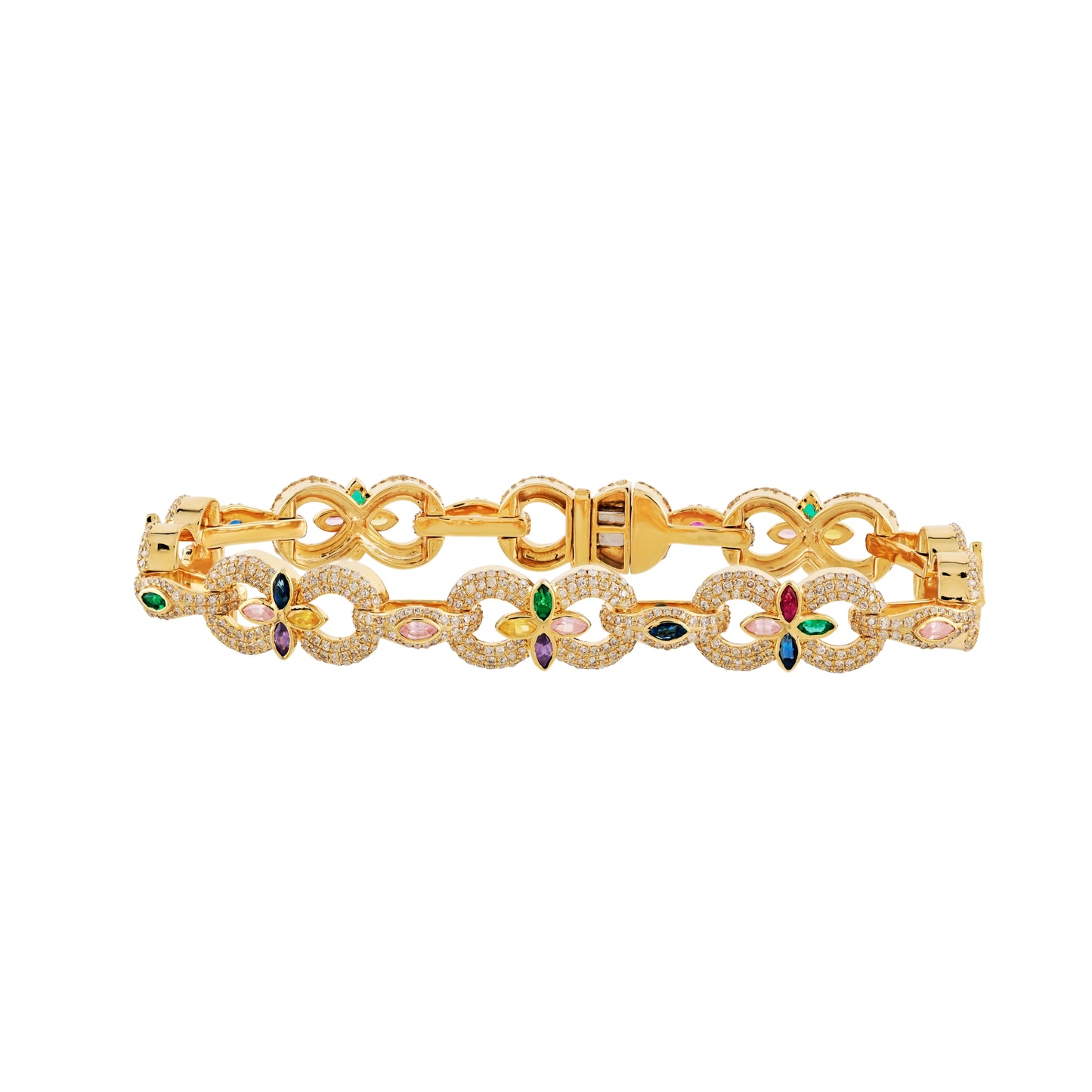 10K Yellow Gold Multi-Color Gemstone & Diamond Link Bracelet | Luxury Designer Statement Bracelet