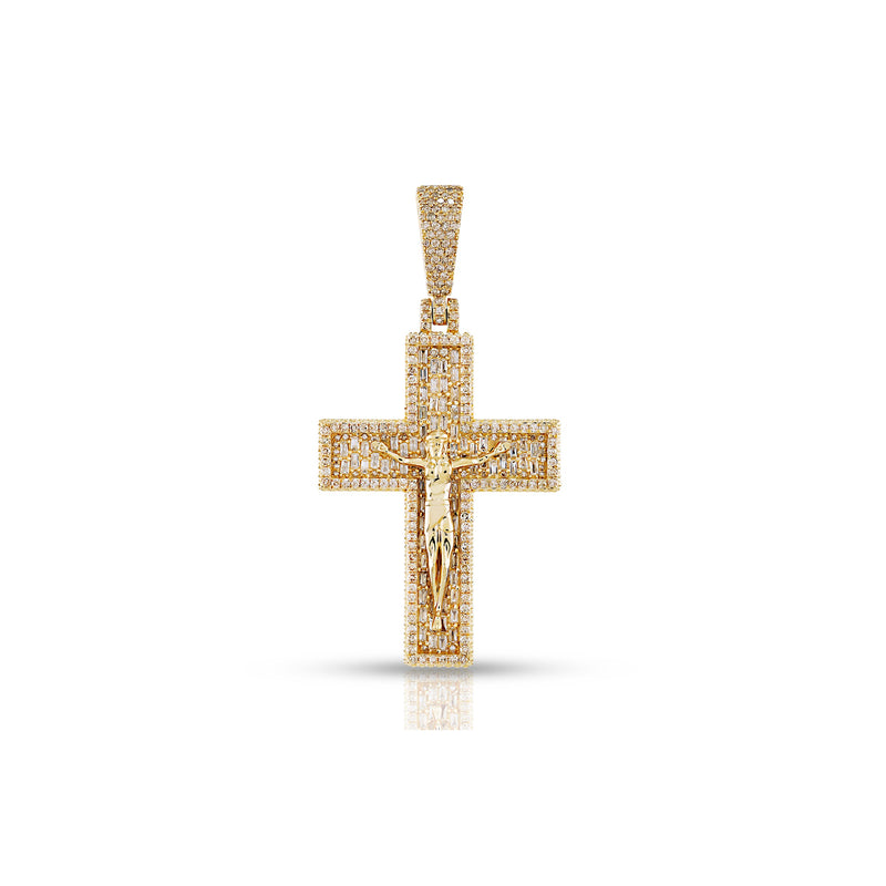 A 14K yellow gold diamond-encrusted Jesus cross pendant with round diamonds.