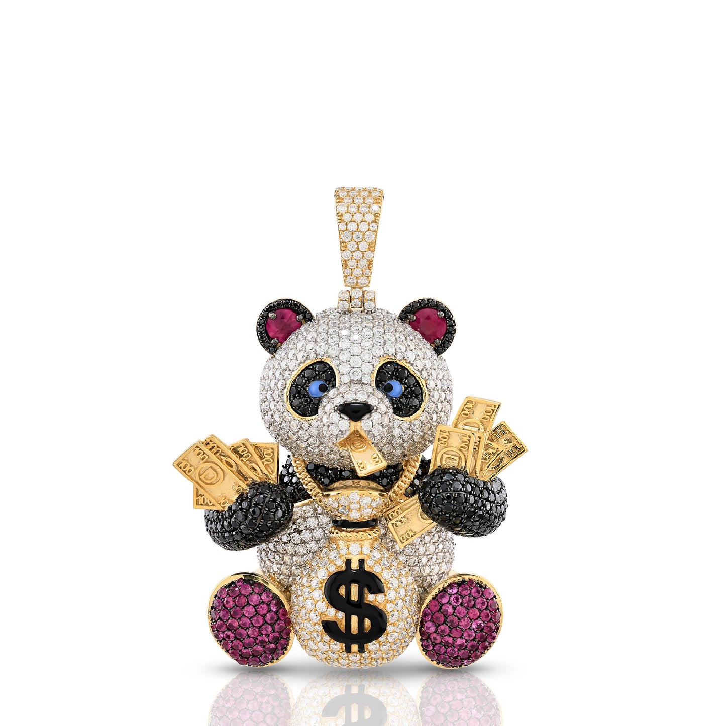 Panda With Money Bag Pendant in White, Black & Red Diamond