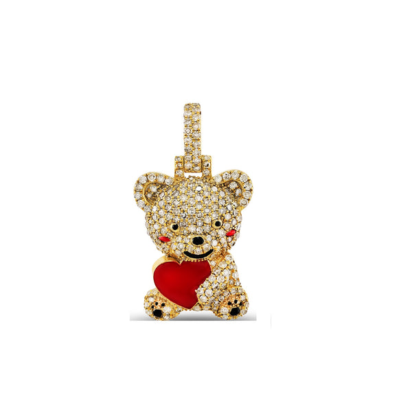 A 14K yellow gold diamond teddy bear pendant with a heart-shaped cut-out in the bear's chest, adorned with sparkling stones.