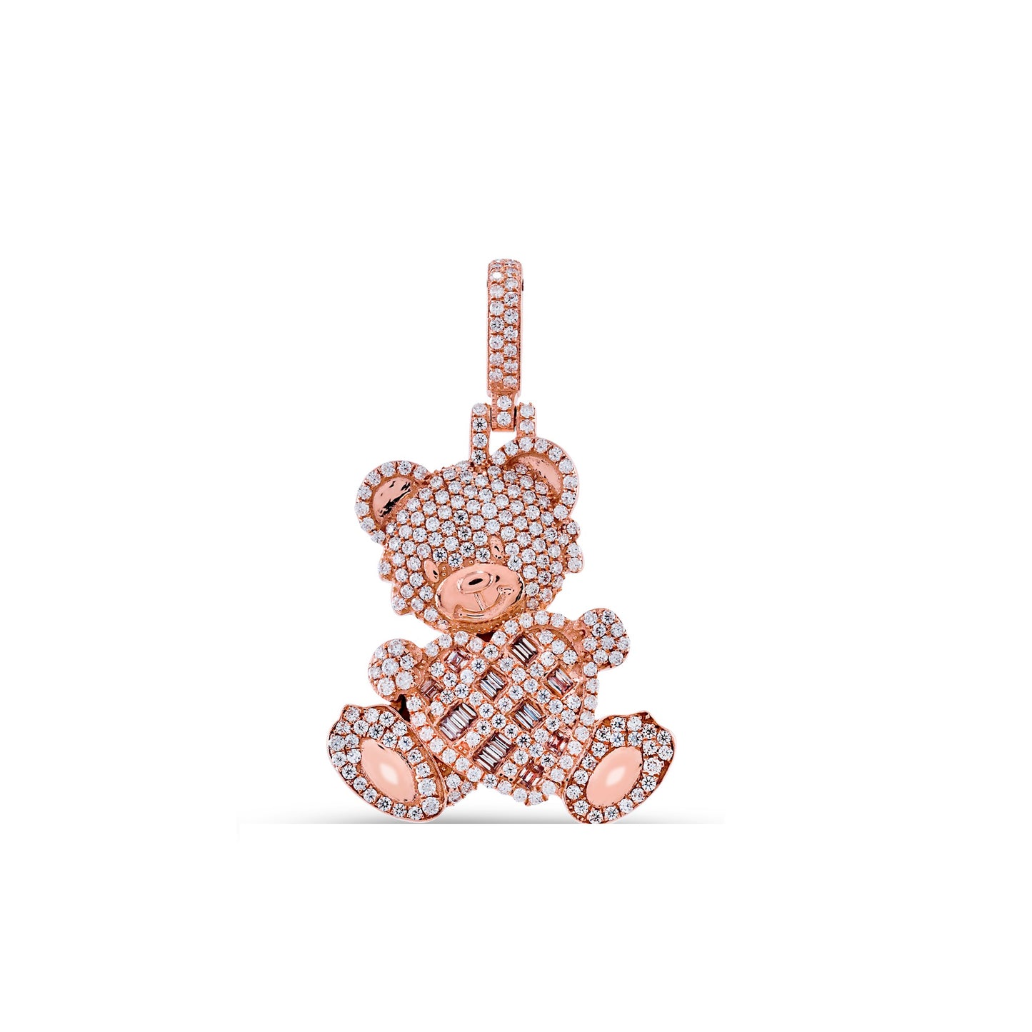 Rose Gold Round and Baguette Diamond Heart with Teddy Bear Pendant