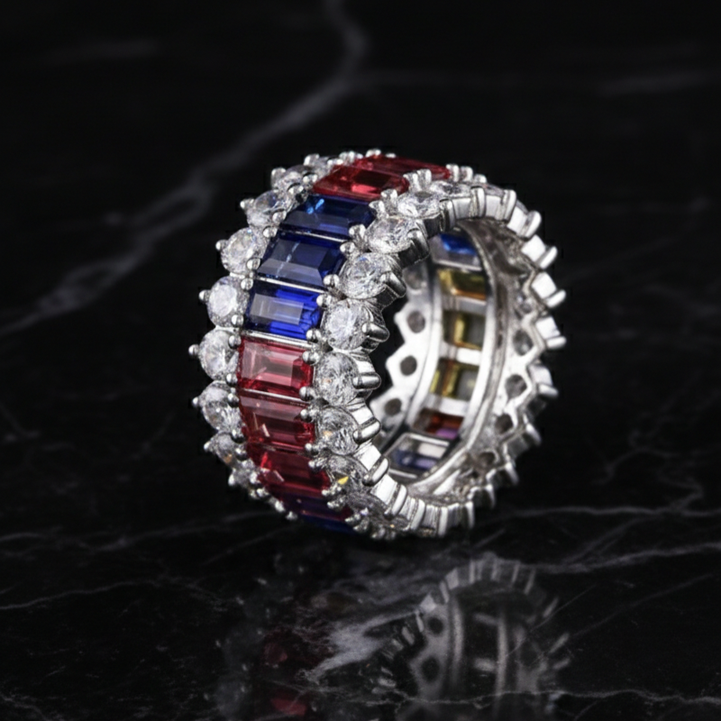 White Gold Multi Color Emerald Cut Diamond Eternity Band Gemstone Ring